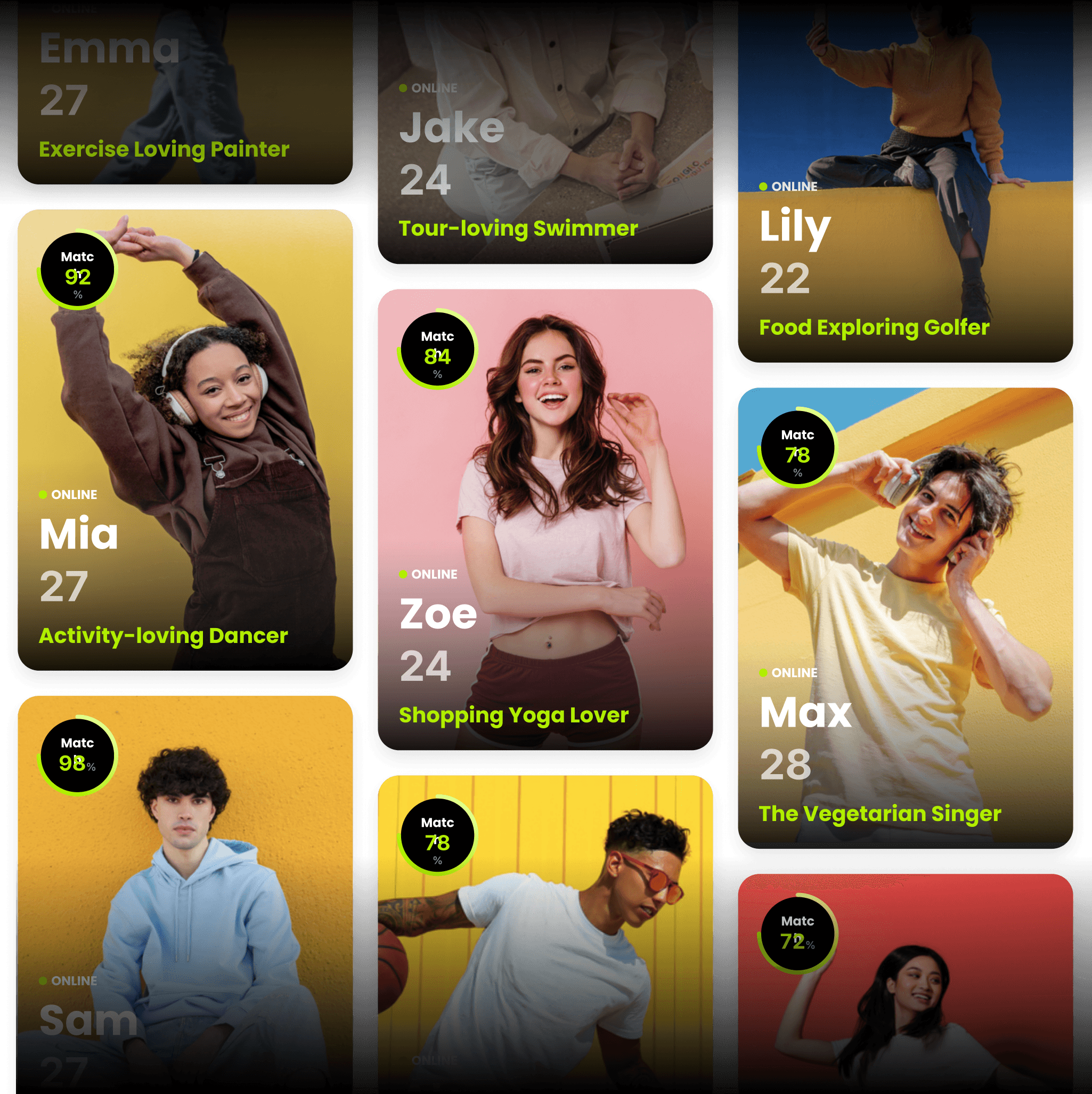 Recommendation system with profile cards and match percentages